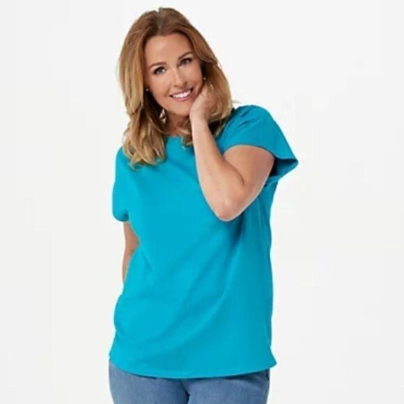 NWOT Isaac Mizrahi Live! Extended Shoulder Short Sleeve Knit Top Sz XS - Picture 9 of 10